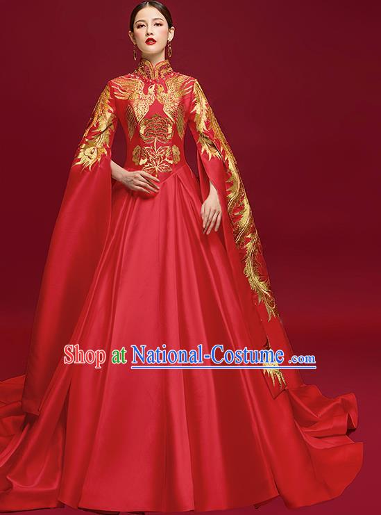 China Stage Show Wedding Clothing Catwalks Full Dress Embroidered Phoenix Garment Compere Water Sleeve Dress