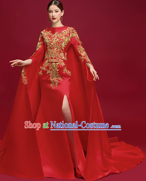 China Compere Cape Dress Stage Show Clothing Catwalks Full Dress Embroidered Wedding Garment