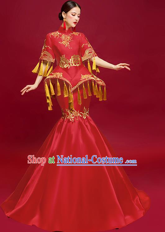 China Bride Embroidered Wedding Garment Compere Dress Stage Show Clothing Catwalks Fishtail Full Dress