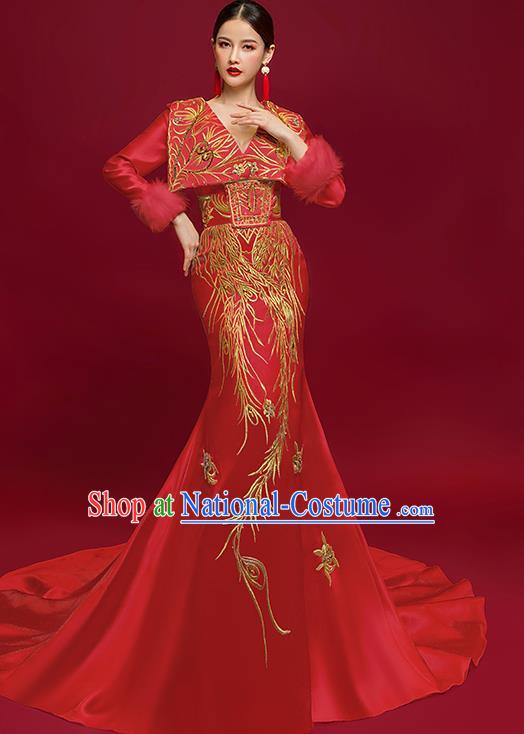 China Catwalks Trailing Full Dress Bride Embroidered Phoenix Wedding Garment Compere Dress Stage Show Clothing