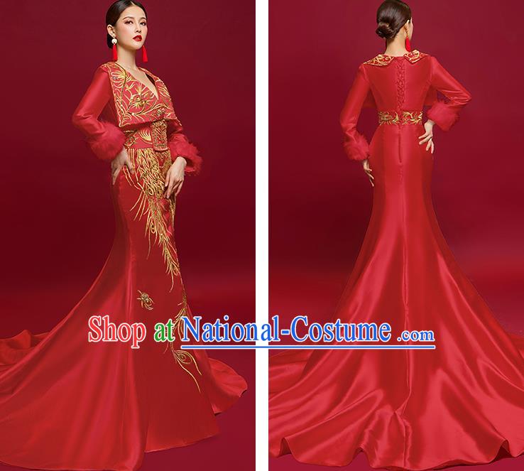 China Catwalks Trailing Full Dress Bride Embroidered Phoenix Wedding Garment Compere Dress Stage Show Clothing