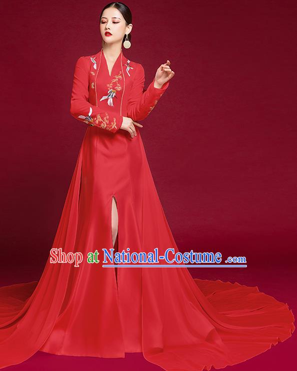 China Stage Show Clothing Trailing Full Dress Catwalks Embroidered Garment Compere Red Dress