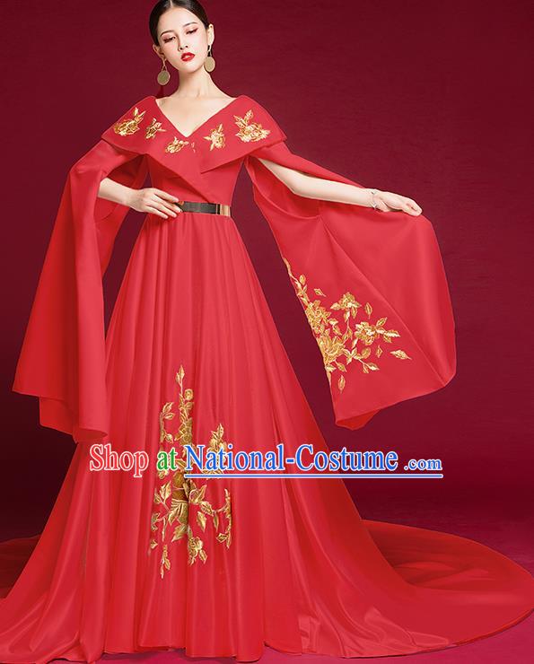 China Compere Red Dress Stage Show Clothing Bride Trailing Full Dress Catwalks Embroidered Garment