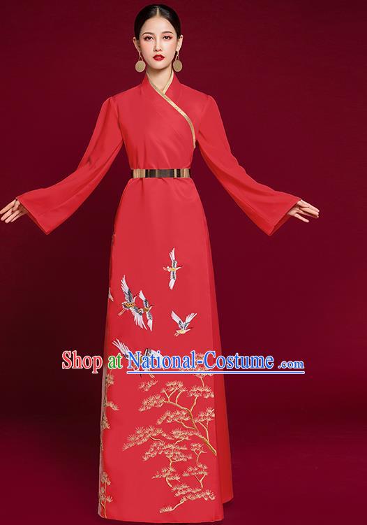 China Catwalks Embroidered Garment Compere Red Dress Stage Show Clothing Bride Slim Full Dress