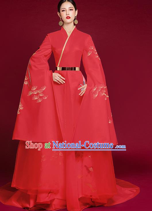 China Bride Mandarin Sleeve Full Dress Catwalks Embroidered Garment Compere Red Dress Stage Show Clothing