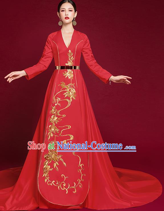 China Stage Show Wedding Clothing Bride Full Dress Catwalks Embroidered Garment Compere Red Trailing Dress