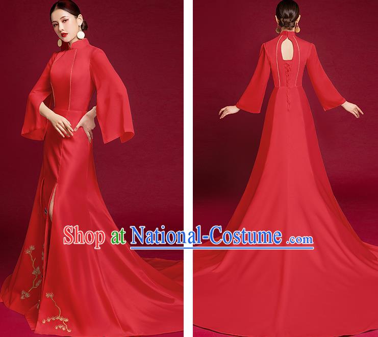 China Compere Red Cheongsam Dress Stage Show Wedding Clothing Bride Trailing Full Dress Catwalks Embroidered Garment