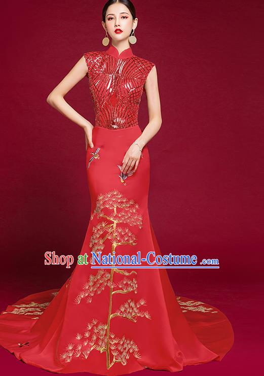 China Catwalks Embroidered Sequins Garment Compere Red Cheongsam Dress Stage Show Wedding Clothing Bride Trailing Full Dress