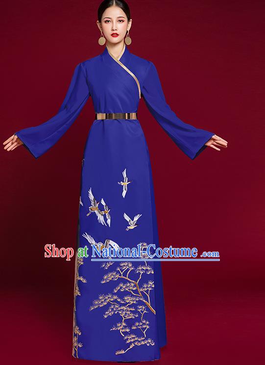 China Stage Show Embroidered Pine Crane Clothing Catwalks Royalblue Dress Garment Compere Trailing Full Dress