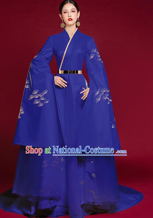 China Compere Trailing Full Dress Stage Show Embroidered Pine Crane Clothing Catwalks Water Sleeve Dress Garment