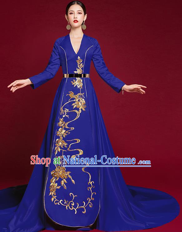 China Catwalks Trailing Dress Garment Compere Royalblue Full Dress Stage Show Embroidered Clothing