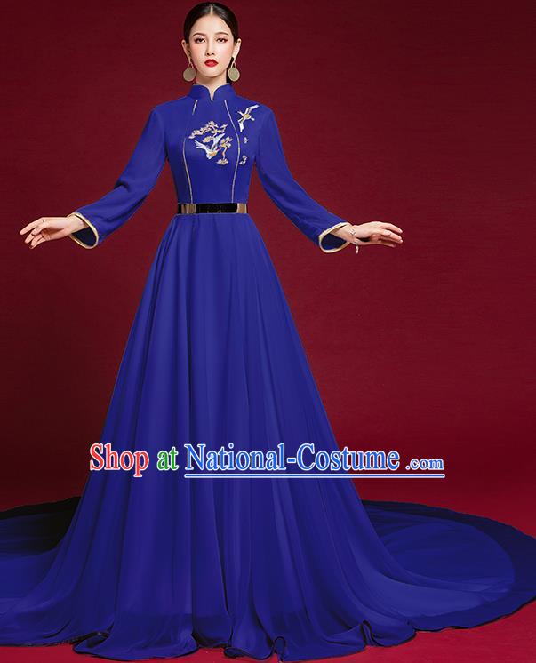 China Compere Royalblue Full Dress Stage Show Embroidered Clothing Catwalks Trailing Dress Garment