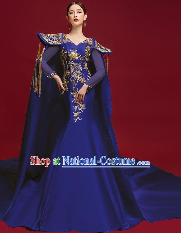 China Catwalks Clothing Compere Embroidered Royalblue Dress Garment Stage Show Trailing Cape Full Dress