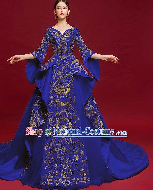 China Stage Show Trailing Full Dress Catwalks Clothing Compere Embroidered Royalblue Dress Garment