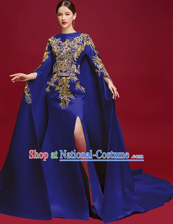 China Catwalks Wide Sleeve Clothing Compere Embroidered Royalblue Dress Garment Stage Show Trailing Full Dress