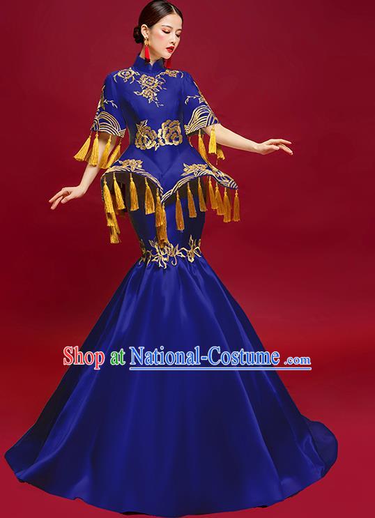 China Stage Show Fishtail Full Dress Catwalks Clothing Compere Embroidered Royalblue Satin Dress Cheongsam Garment