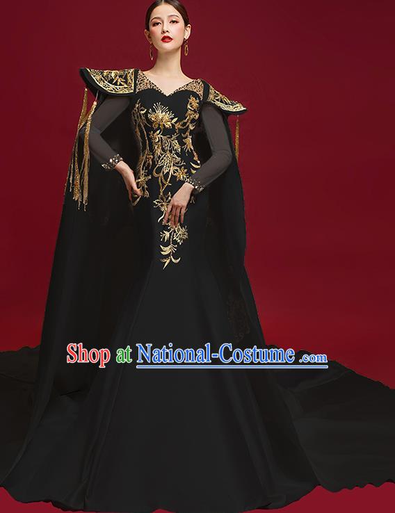 China Compere Embroidered Trailing Dress Garment Stage Show Black Full Dress Catwalks Fashion Clothing