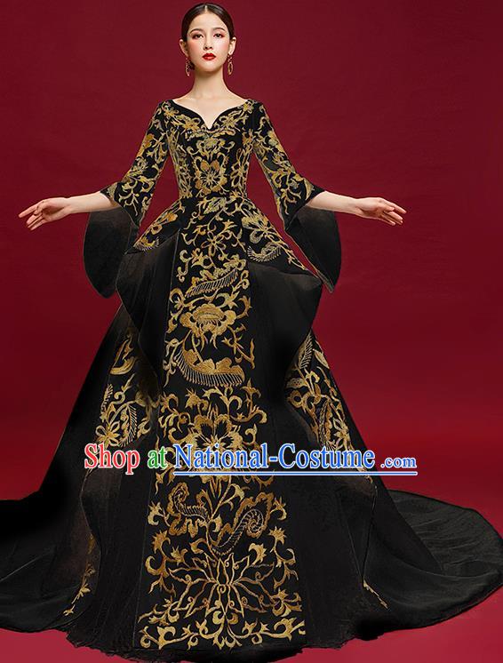 China Catwalks Fashion Clothing Compere Embroidered Trailing Dress Garment Stage Show Black Full Dress