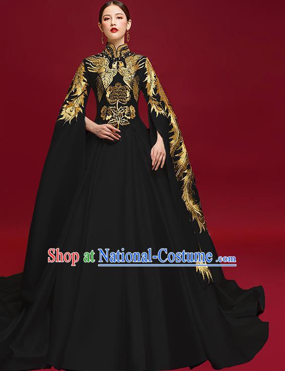 China Stage Show Water Sleeve Full Dress Catwalks Fashion Clothing Compere Embroidered Phoenix Black Dress Garment