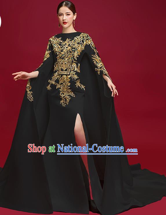 China Embroidered Black Dress Garment Stage Show Full Dress Catwalks Compere Fashion Clothing