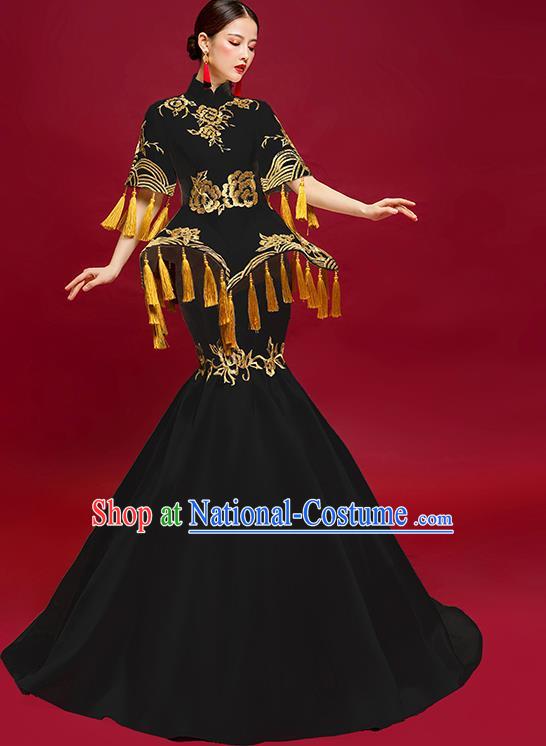 China Catwalks Fashion Clothing Compere Embroidered Black Cheongsam Garment Stage Show Fishtail Full Dress