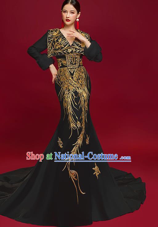 China Stage Show Trailing Full Dress Catwalks Fashion Clothing Compere Embroidered Black Dress Garment