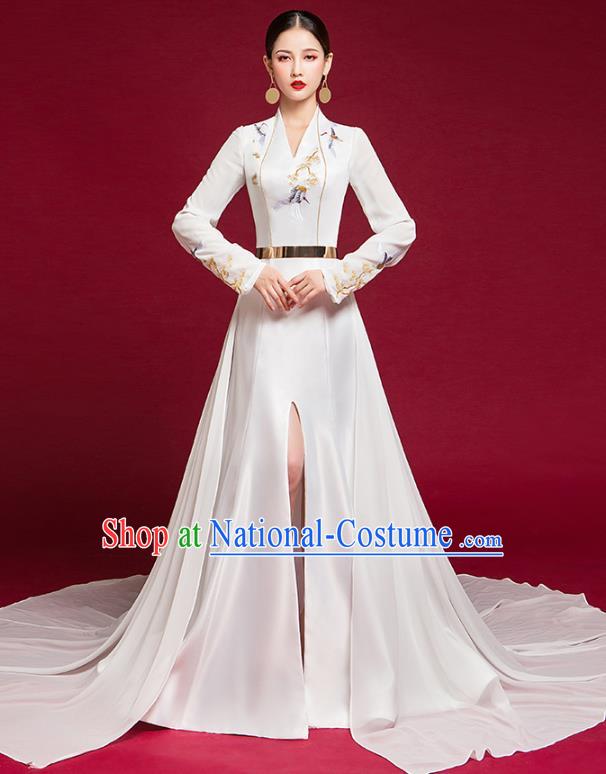 China Spring Festival Gala Compere Embroidered White Dress Garment Stage Show Trailing Full Dress Catwalks Fashion Clothing