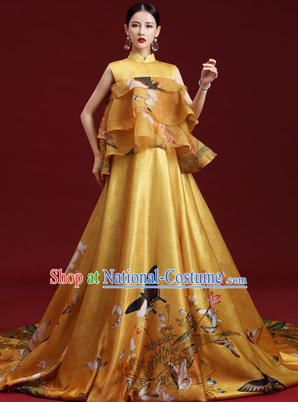 China Compere Printing Yellow Trailing Dress Garment Stage Show Full Dress Catwalks Fashion Cheongsam Clothing