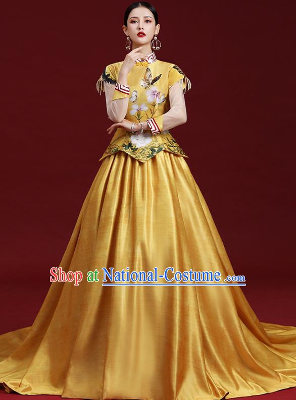 China Printing Cheongsam Clothing Compere Yellow Trailing Dress Garment Stage Show Full Dress Catwalks Fashion