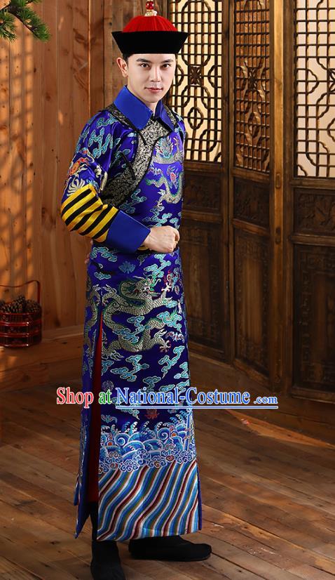 China Ancient Qing Dynasty Court Eunuch Robe Garment Historical Clothing and Hat Complete Set