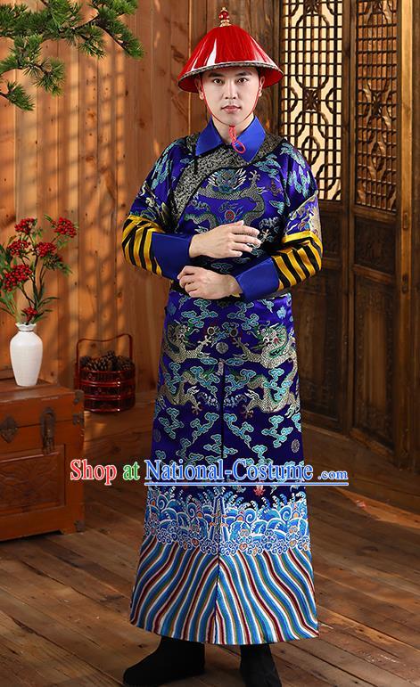 China Ancient Qing Dynasty Court Eunuch Robe Garment Historical Clothing and Hat Complete Set