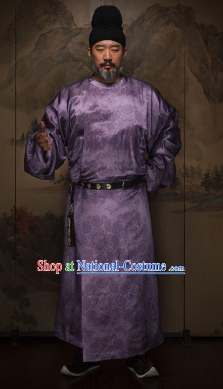 China Tang Dynasty Swordsman Historical Garment Costume Ancient Elderly Man Purple Hanfu Robe and Hat