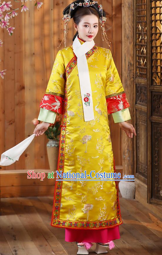 Ancient China Qing Dynasty Court Empress Historical Clothing Yellow Dress Garments and Handmade Headpieces