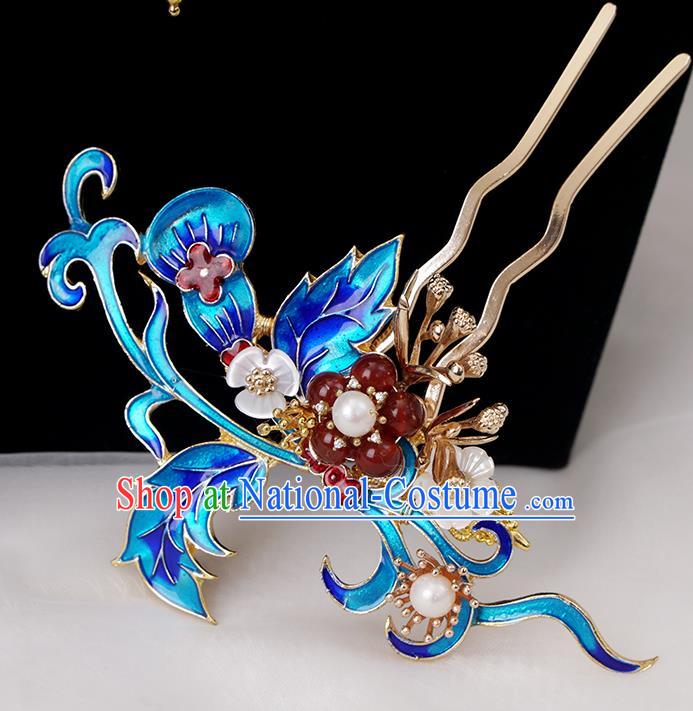 Chinese Ancient Princess Blueing Hairpin Traditional Ming Dynasty Shell Flower Hair Stick