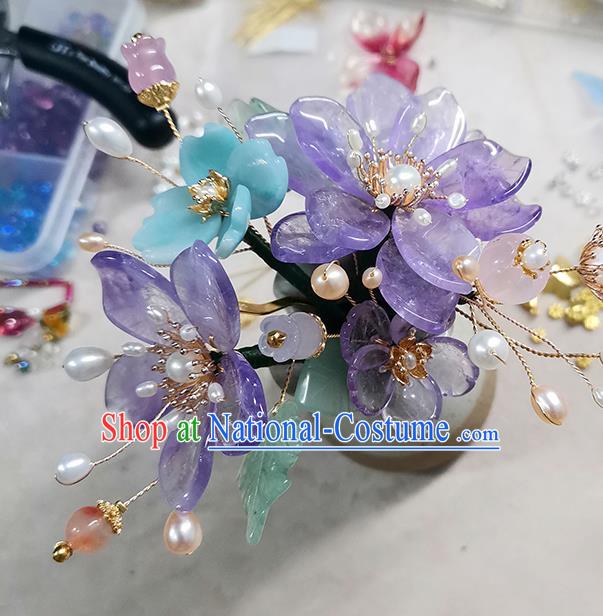 Chinese Ancient Palace Lady Pearls Hairpin Traditional Ming Dynasty Amethyst Flowers Hair Stick