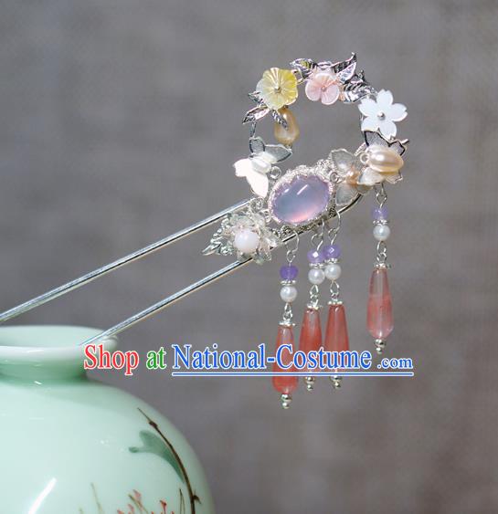 Chinese Ancient Young Lady Argent Hairpin Traditional Ming Dynasty Rose Quartz Hair Stick