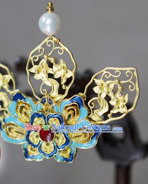 Chinese Ancient Royal Queen Golden Hairpin Traditional Ming Dynasty Blueing Peony Hair Crown