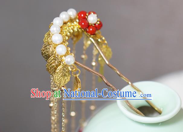 Chinese Ancient Palace Lady Hairpin Traditional Tang Dynasty Golden Leaf Tassel Hair Stick