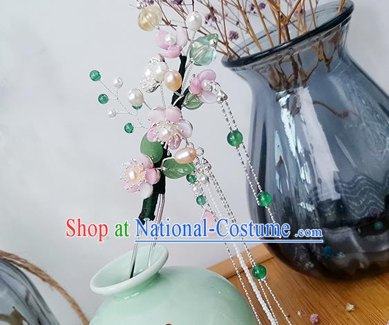 Chinese Ancient Palace Lady Tassel Hairpin Traditional Ming Dynasty Pink Plum Blossom Hair Stick