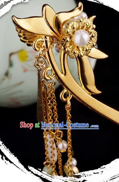 Chinese Ancient Princess Orchids Hair Stick Hair Accessories Traditional Jin Dynasty Golden Leaf Tassel Hairpin