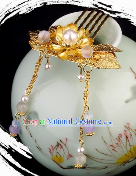 Chinese Ancient Young Lady Tassel Hairpin Hair Accessories Traditional Jin Dynasty Golden Lotus Hair Comb