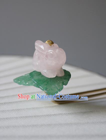 Chinese Ancient Princess Hairpin Hair Accessories Traditional Ming Dynasty Rose Quartz Rabbit Hair Stick