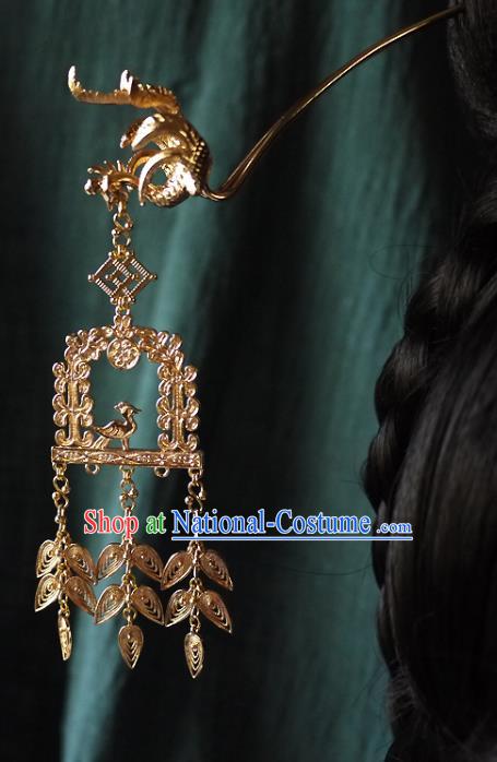 Chinese Ancient Queen Golden Phoenix Hairpin Hair Accessories Traditional Ming Dynasty Empress Tassel Hair Stick