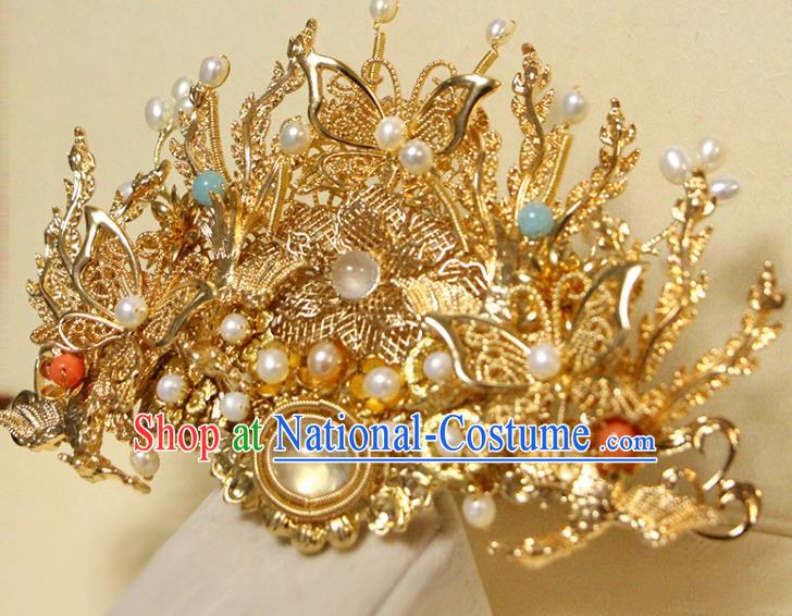 China Ancient Noble Woman Phoenix Coronet Traditional Wedding Hair Accessories Ming Dynasty Golden Hair Crown