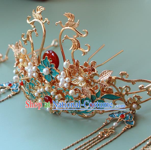 China Ancient Bride Blueing Phoenix Coronet Traditional Wedding Hair Accessories Ming Dynasty Tassel Agate Hair Crown