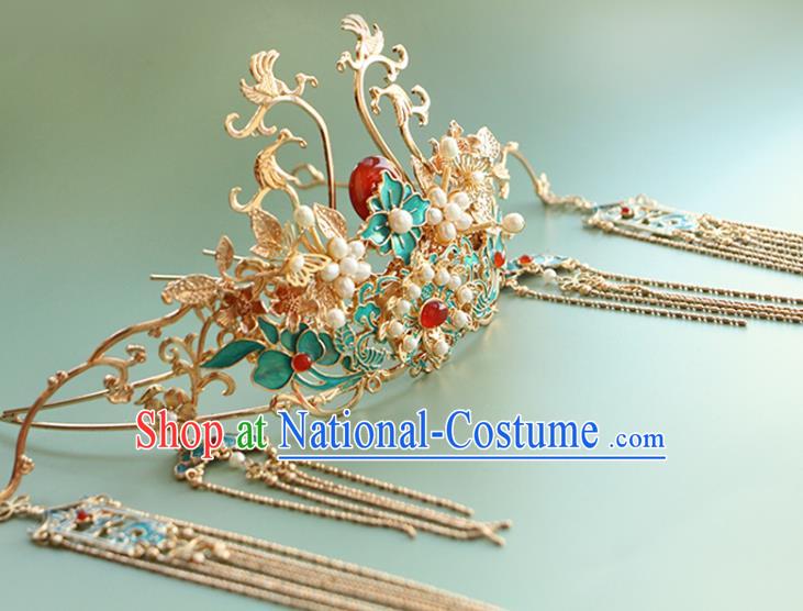 China Ancient Bride Blueing Phoenix Coronet Traditional Wedding Hair Accessories Ming Dynasty Tassel Agate Hair Crown