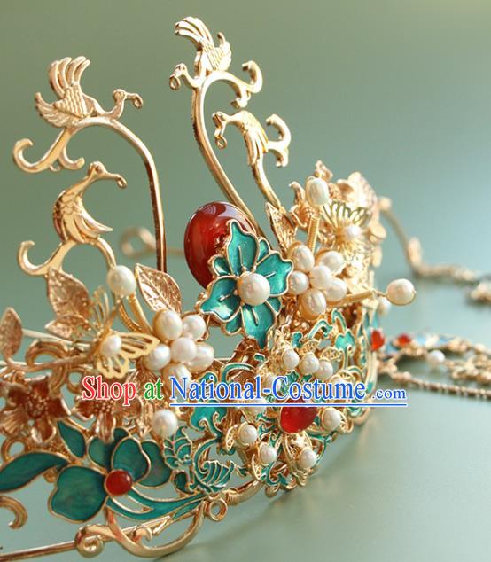 China Ancient Bride Blueing Phoenix Coronet Traditional Wedding Hair Accessories Ming Dynasty Tassel Agate Hair Crown