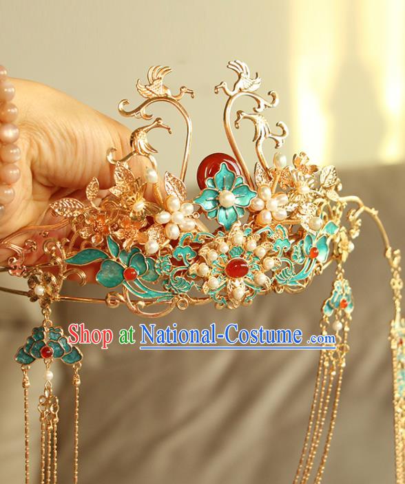 China Ancient Bride Blueing Phoenix Coronet Traditional Wedding Hair Accessories Ming Dynasty Tassel Agate Hair Crown