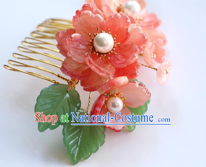 China Ancient Princess Hairpin Traditional Hanfu Hair Accessories Ming Dynasty Pink Peony Hair Comb