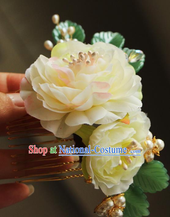 China Ancient Court Lady Hairpin Traditional Hanfu Hair Accessories Tang Dynasty Yellow Silk Peony Hair Comb